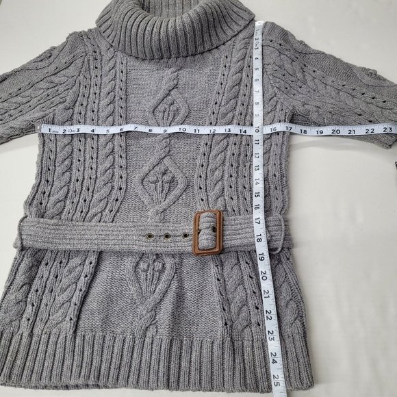 Heather B Sweater Women S Short Sleeve Chunky Cable Belted Turtleneck Tunic Grey - Picture 9 of 11
